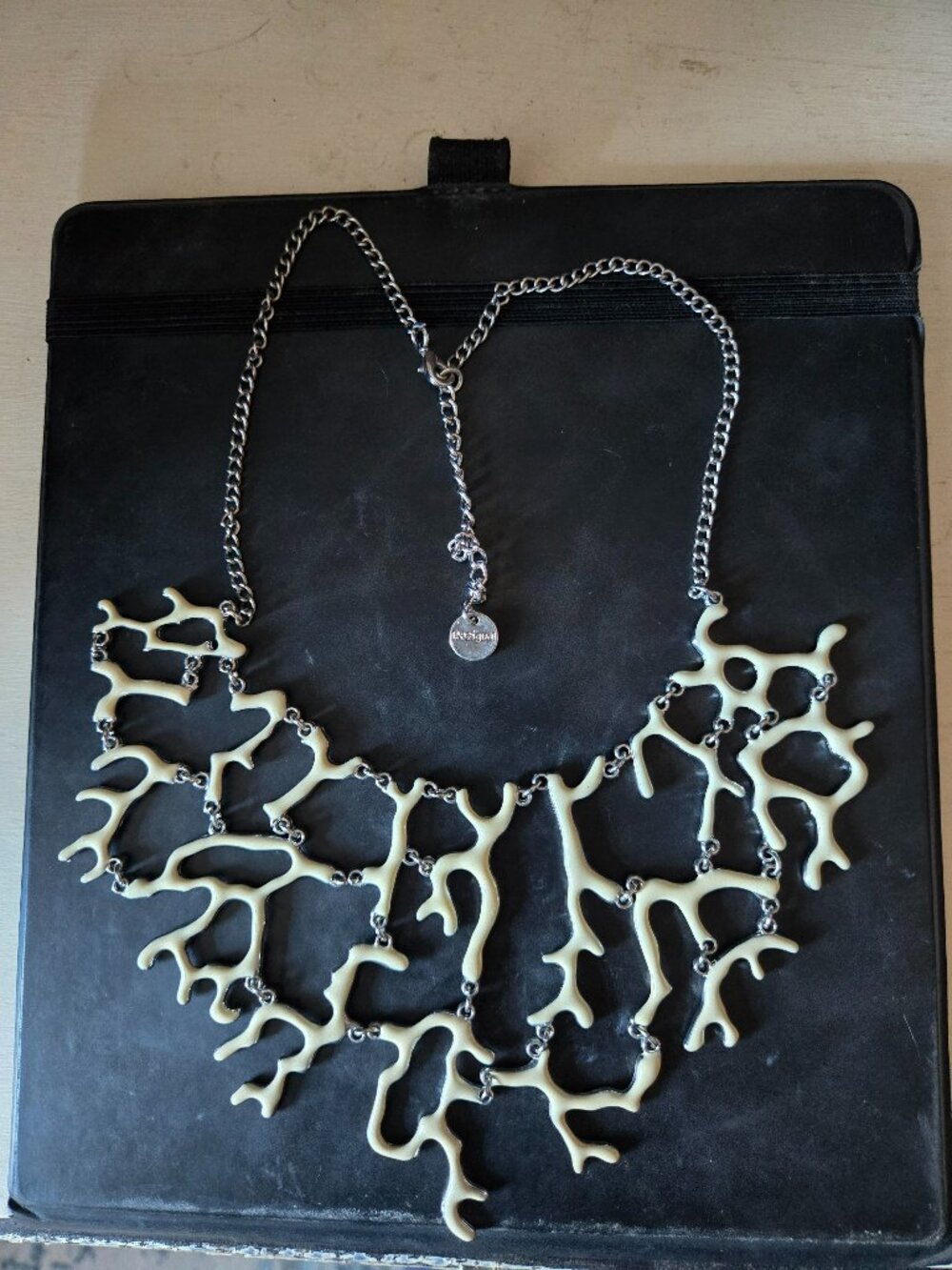 Desigual white enamel coral bib necklace silver chain like new